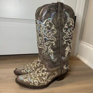 Corral Womens Brown Leather Cowboy Boots Western Sparkle Embroidery Design 7